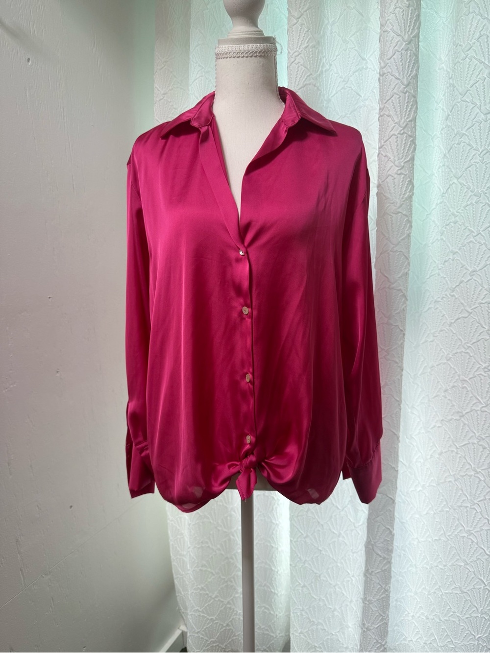 Zara Satin Button-Front Blouse - Fuchsia